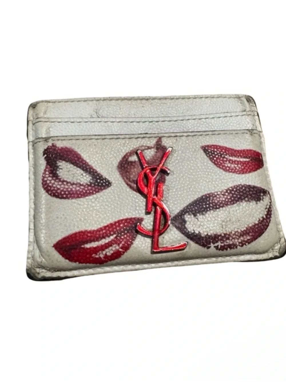 Saint Laurent Grain De Poudre Lips Print Monogram Card Holder White Red - Picture 3 of 5